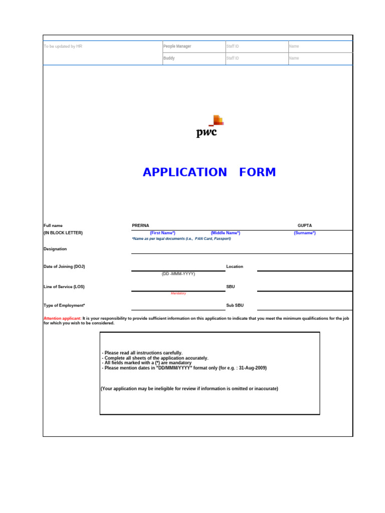 Application Form for PwC Employment | PDF