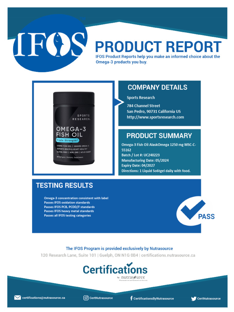 IFOS Report SportsResearch Omega-3 Fish Oil AlaskOmega 1250 MG MSC-C ...