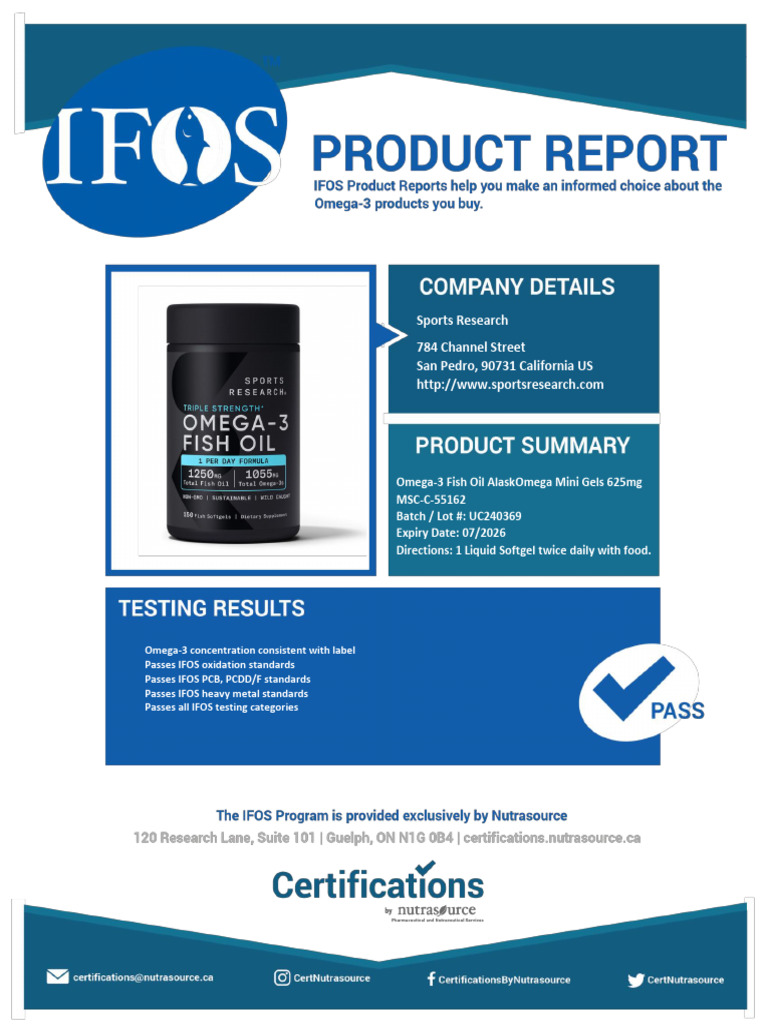 IFOS Report SportsResearch Omega-3 Fish Oil Mini-Gels 625mg Lot ...