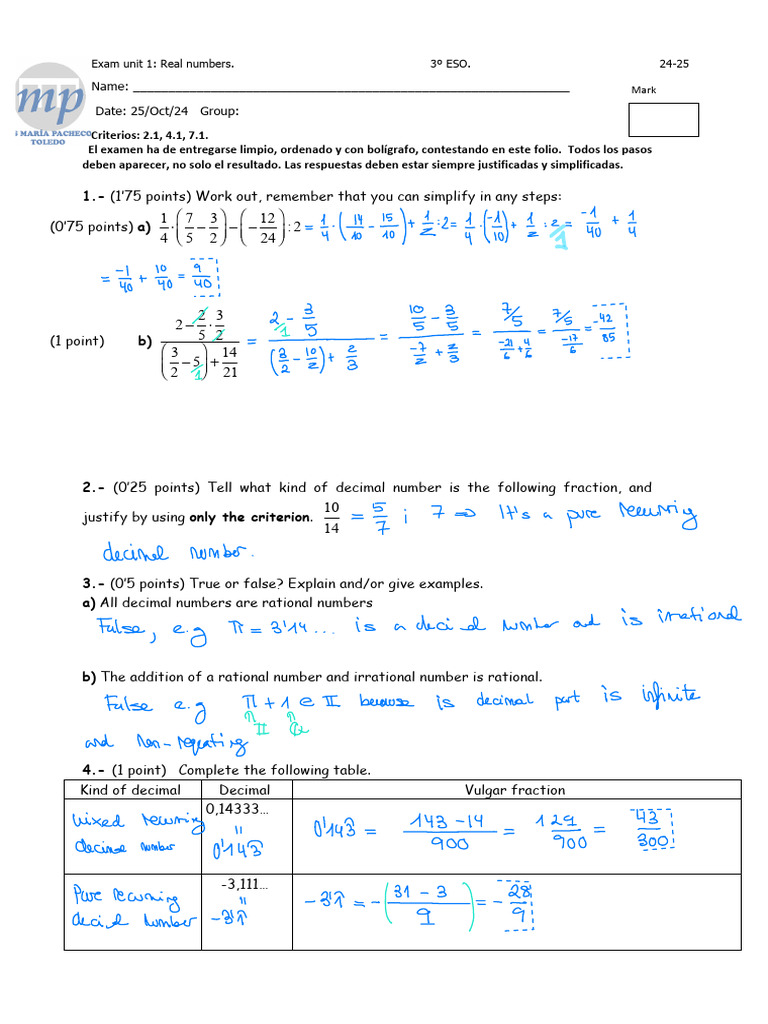 Correction Exam U1 3º ESO 24-25 3 | PDF | Arithmetic | Discrete Mathematics