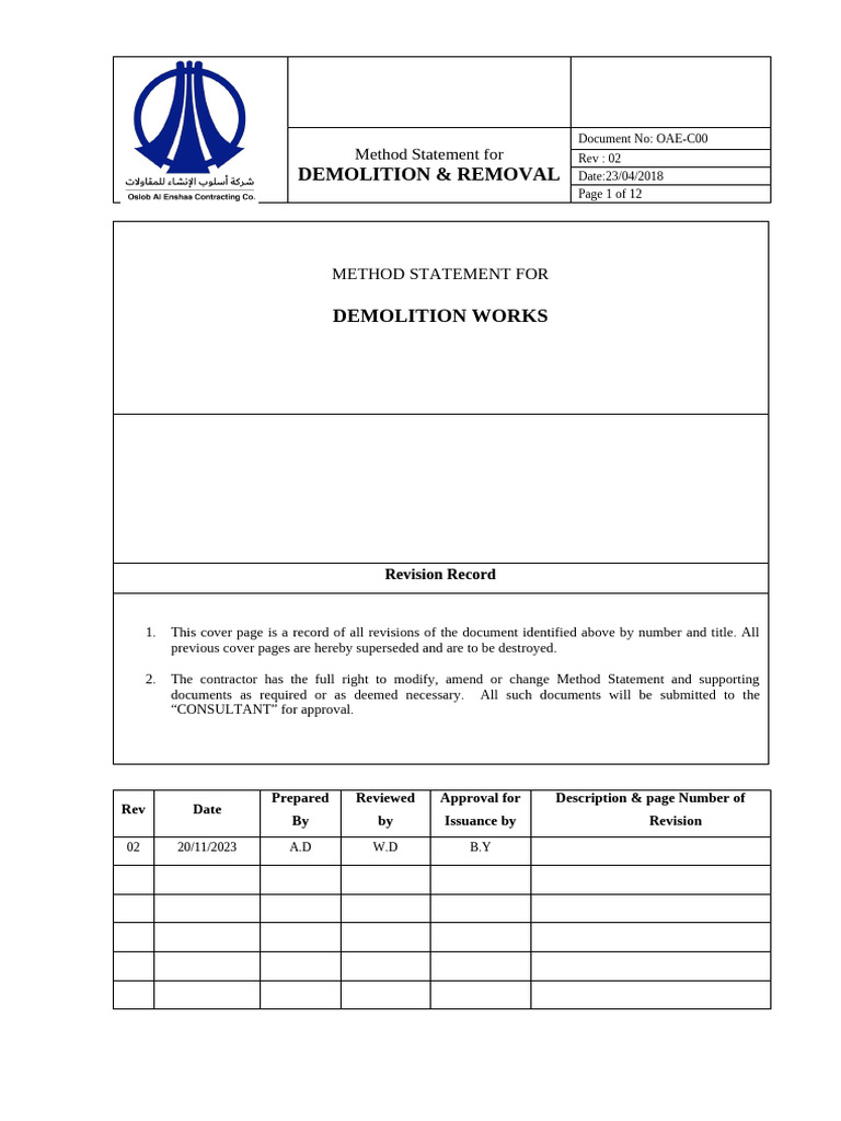 Demolition Method Statement Overview | PDF | Demolition | Specification ...
