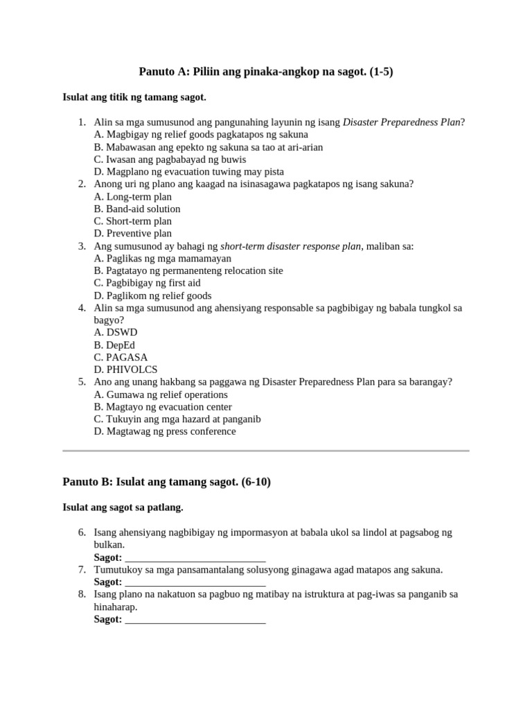 Maikling Pagsusulit Disaster Prepareness Plan | PDF