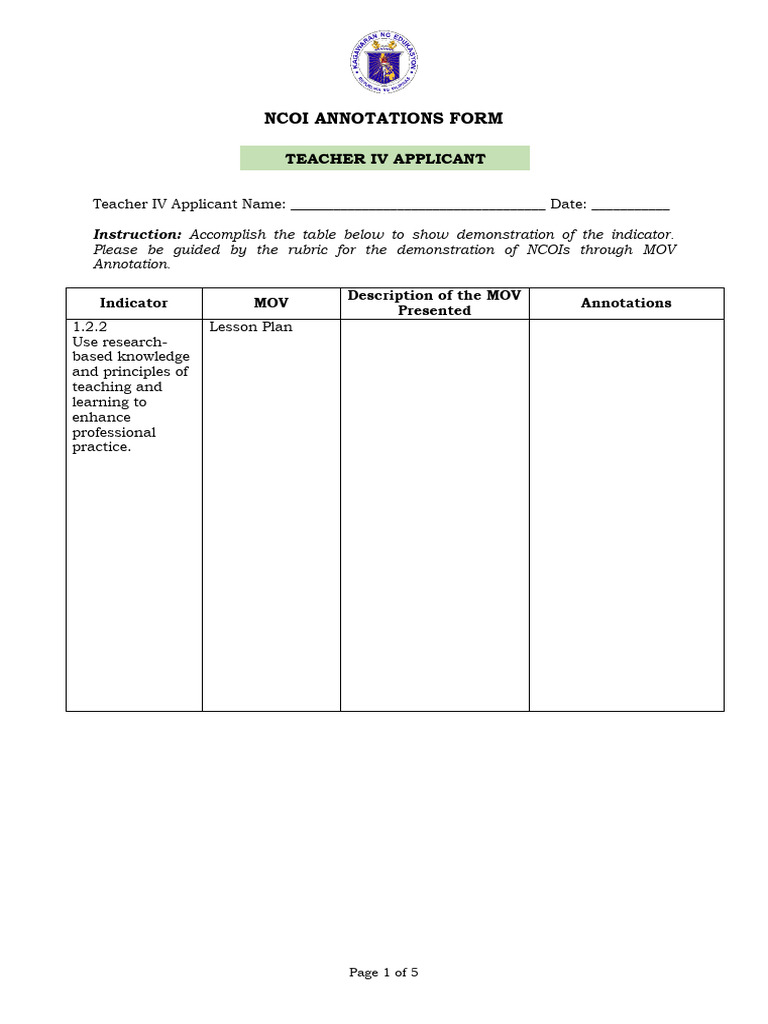 NCOI Annotation Form for Teacher IV | PDF | Teachers | Learning