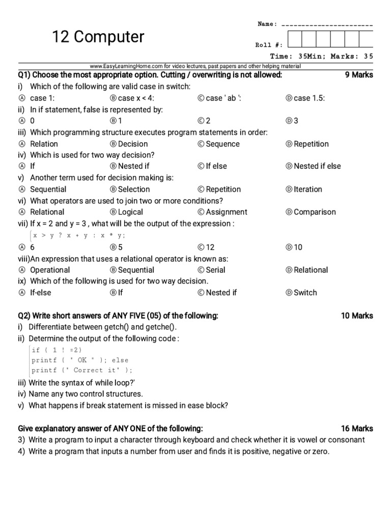 12 Computer - Test Maker @ | PDF | Control Flow | Computer Science