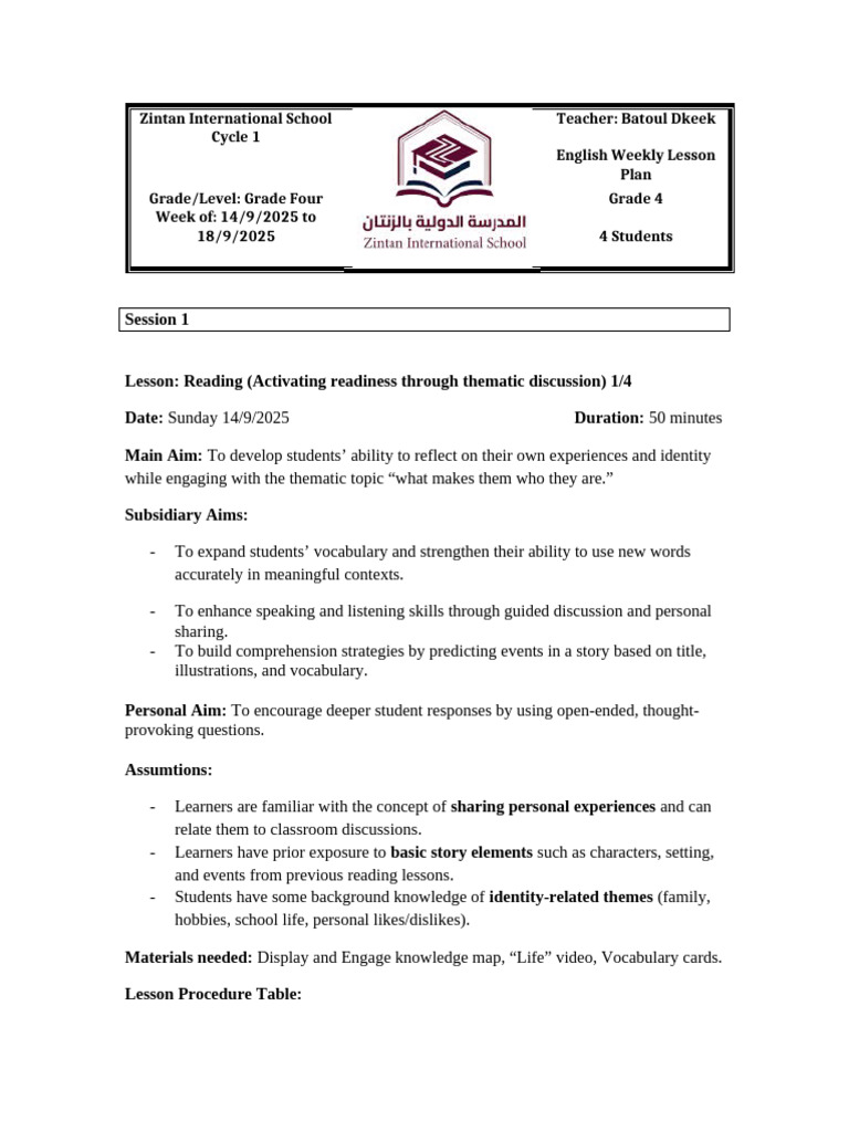 Grade 4 English Weekly Lesson Plan | PDF | Reading Comprehension | Phonics