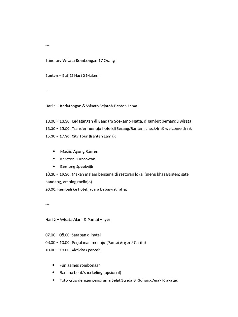 Itinerary Wisata Rombongan 17 Orang | PDF