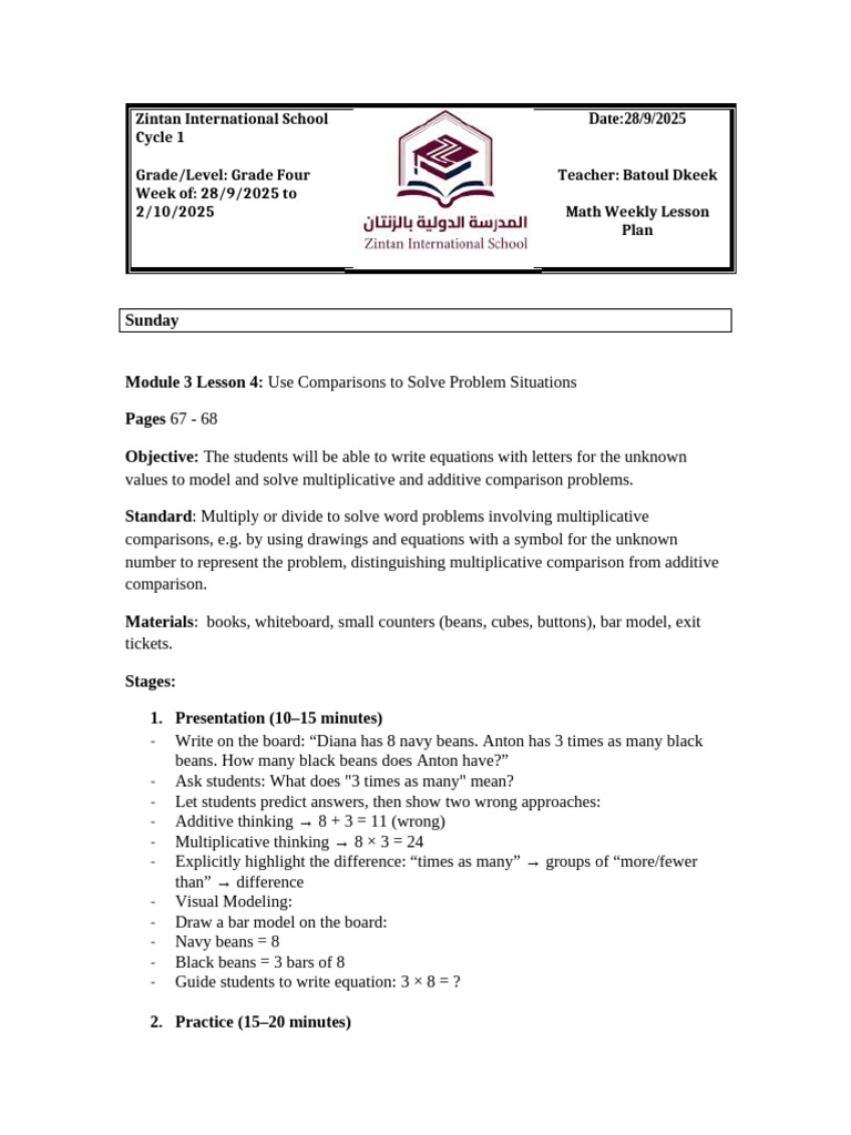 Grade 4 Math Weekly Lesson Plan | PDF | Multiplication | Equations