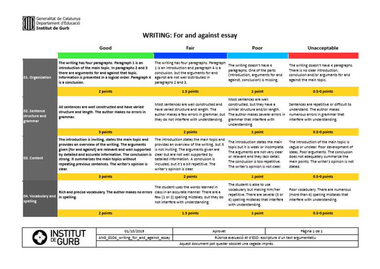 ESO4 Argumentative Essay Rubric | PDF | Vocabulary | Applied Linguistics