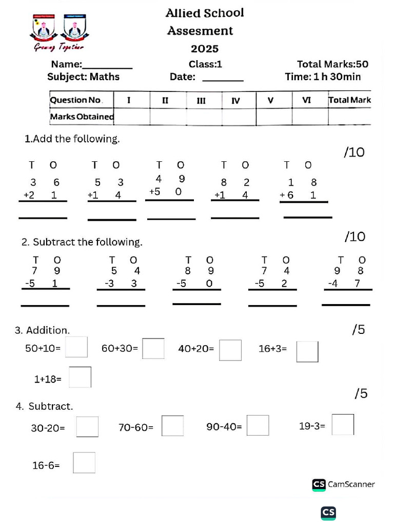 Class 1 Paper Math Allied School | PDF