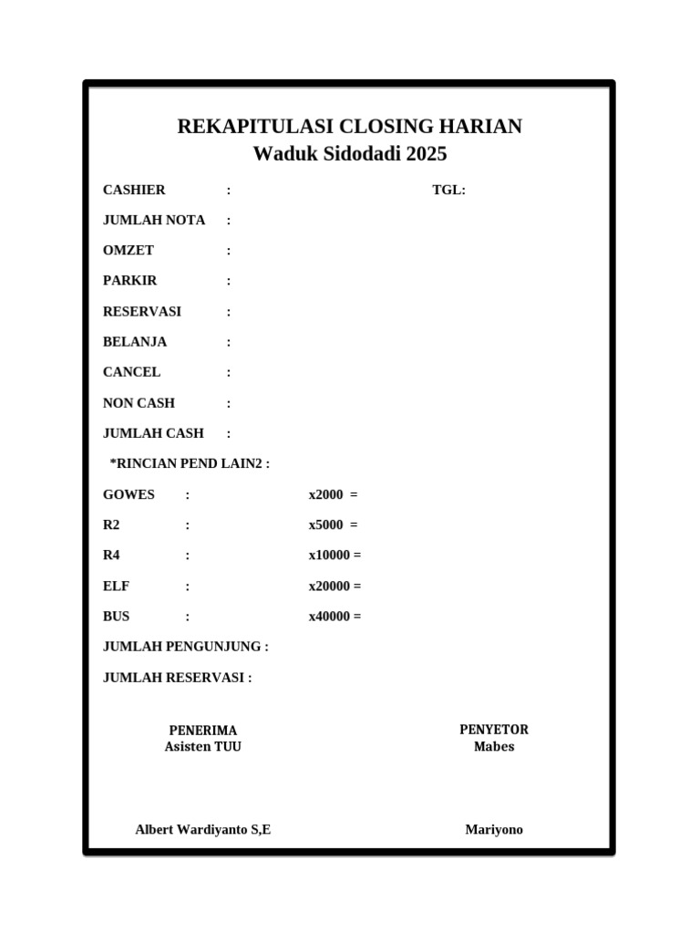 Rekap Closing Harian Waduk Sidodadi | PDF