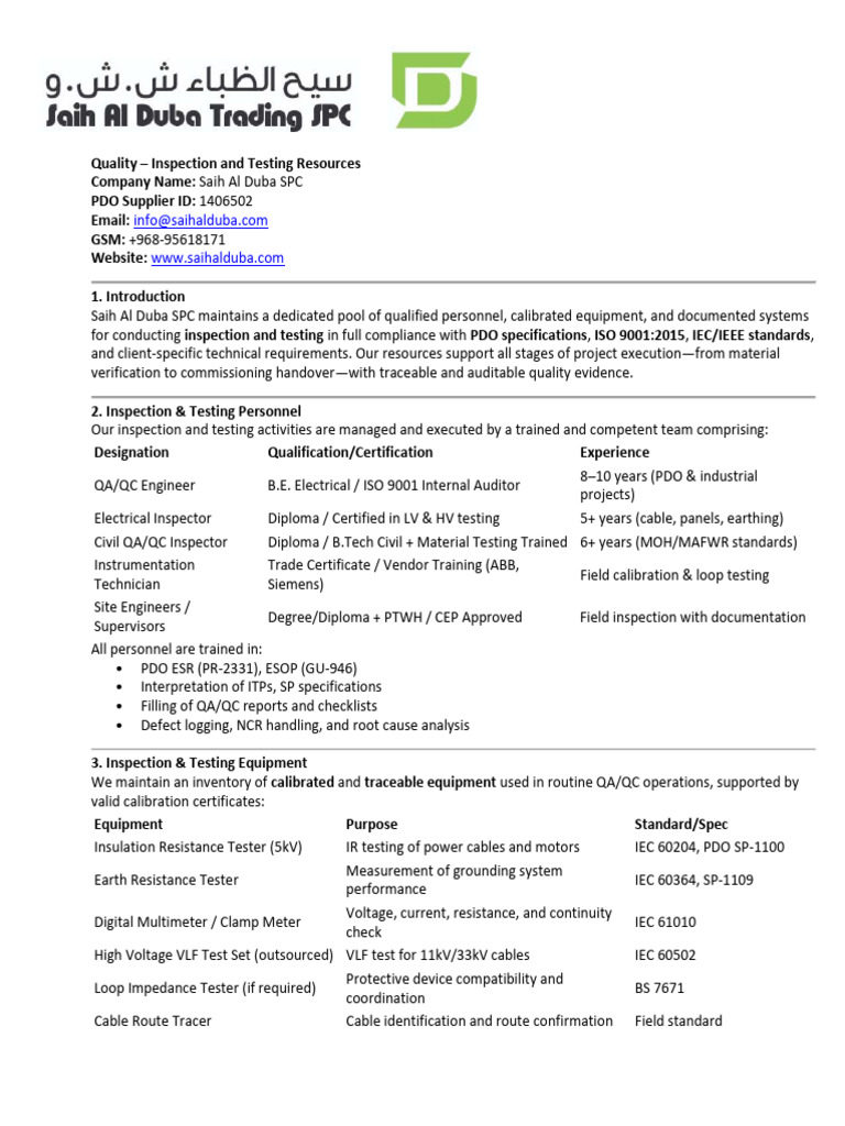 Inspection & Testing Services Overview | PDF | Calibration ...
