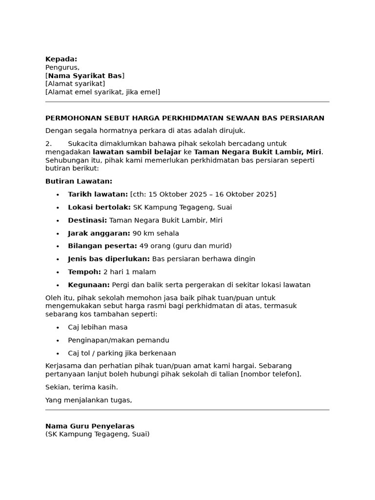 Template Surat Mohon Sebut Harga Syarikat Perkhidmatan Bas | PDF