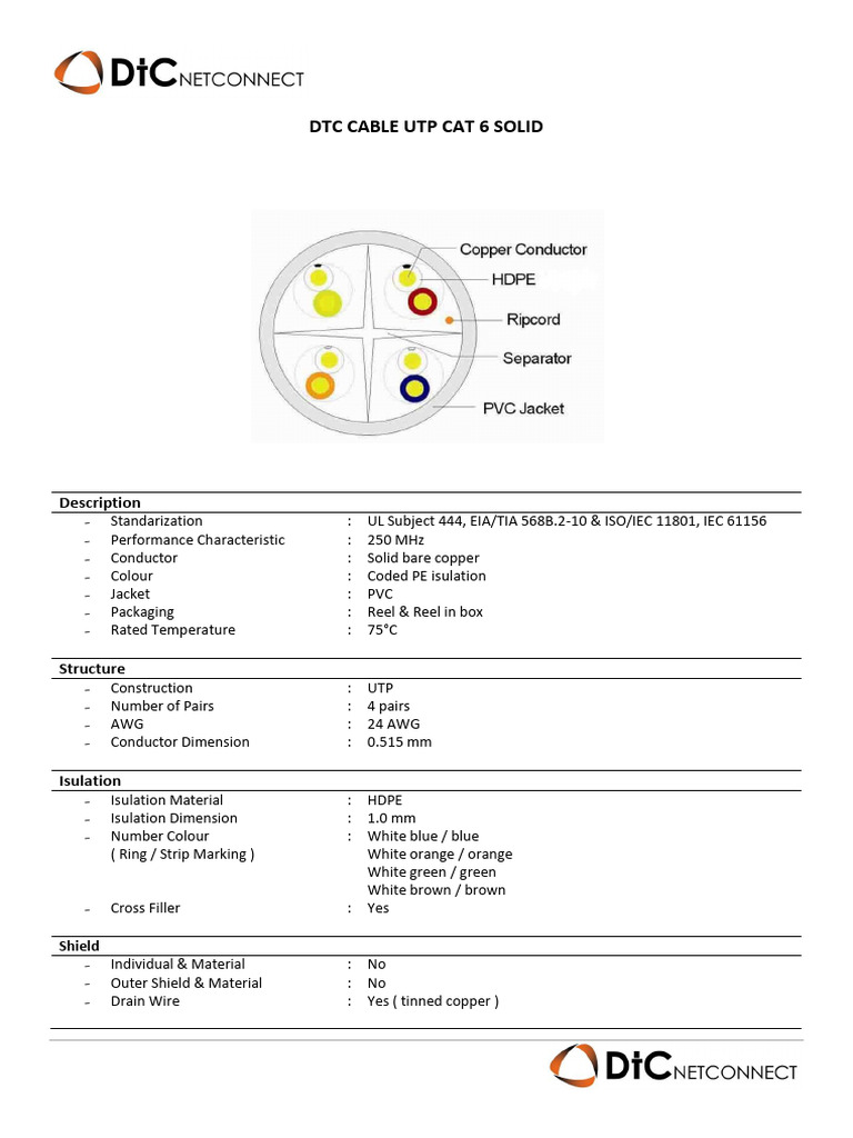 DTC Cable Utp Cat 6 Solid 24 Awg | PDF | Electrical Components ...