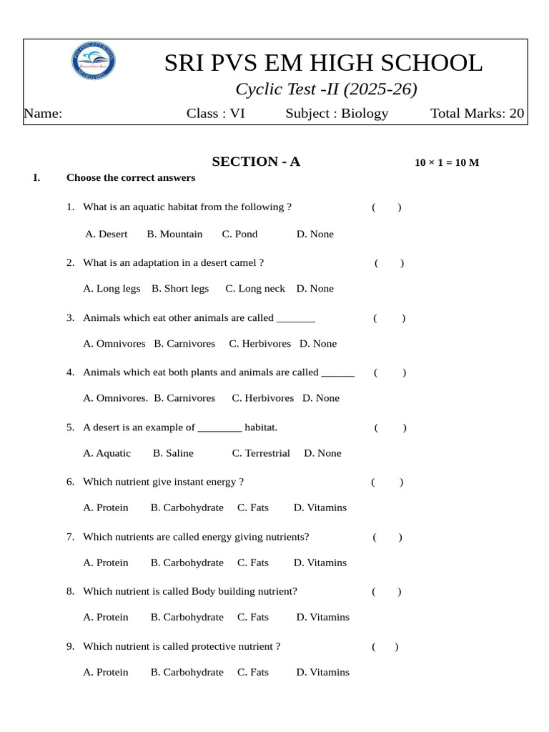 Class VI Biology Cyclic Test 2025-26 | PDF