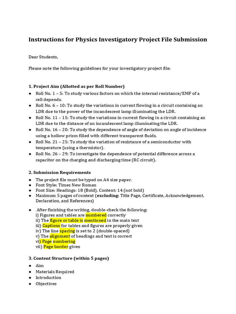 Physics Project Submission Guidelines | PDF
