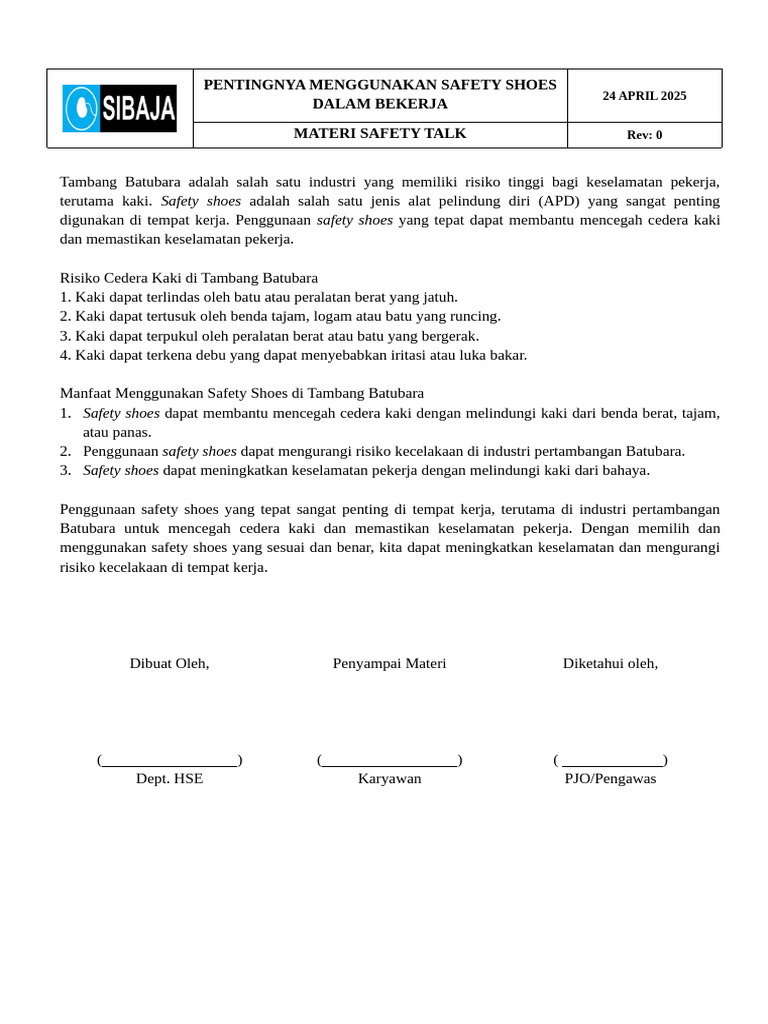 Materi Safety Talk 240425 | PDF
