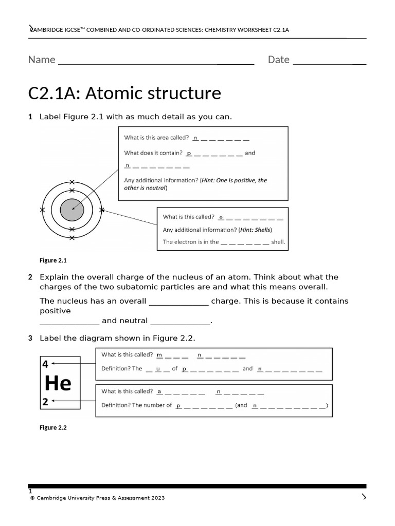 Atomic Structure Worksheet for IGCSE Chemistry | PDF | Atoms | Chemical ...