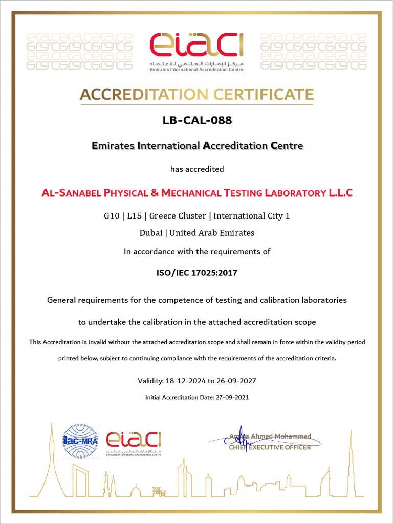 Al Sanabel Physical and Mechanical Testing Laboratory L.L.C LB-CAL-088 ...