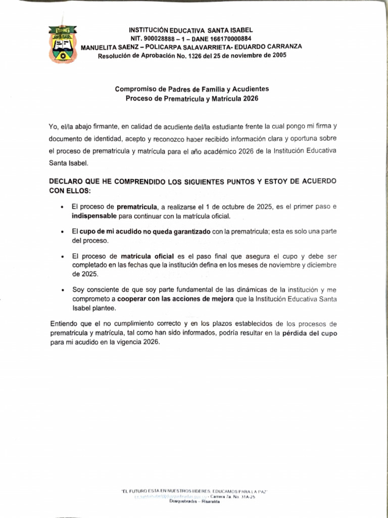 Compromiso de Padres de Familia y Acudientes Prematricula 2026 | PDF