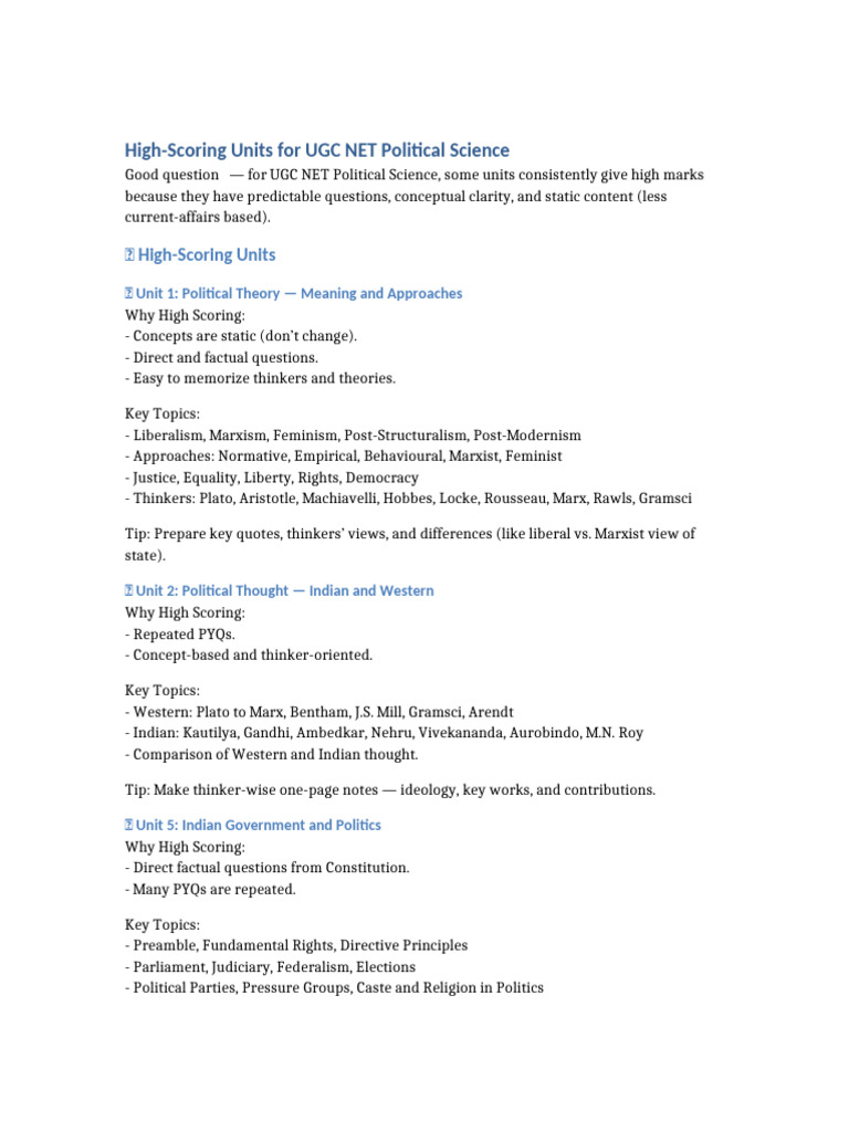 High-Scoring UGC NET Political Science Units | PDF | Political ...