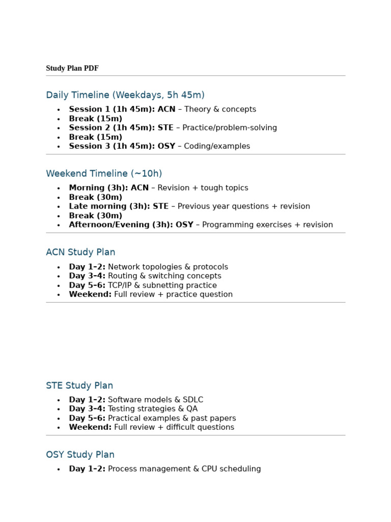 Comprehensive Study Plan for ACN, STE, OSY | PDF
