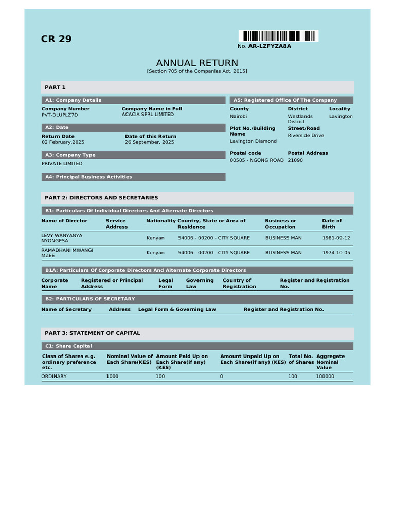 CR 29 Form for Acacia SPRL Limited | PDF | Business Law | Private Law