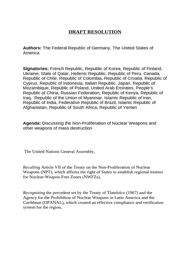 Draft Resolution Western Bloc | PDF | Treaty On The Non Proliferation ...