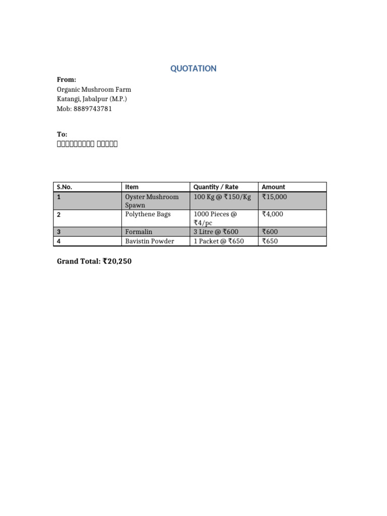 Small Mushroom Farm Quotation | PDF