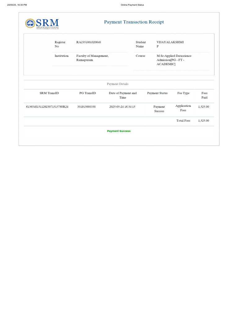 SRM Application Fee Payment Receipt | PDF