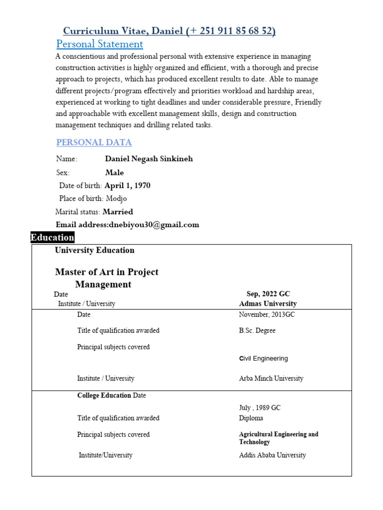 Daniel Negash: Construction Management CV | PDF | Employment | Inventory