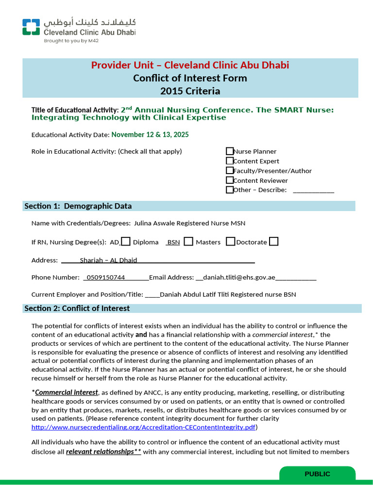 Nada - CCAD - ANCC Accredited Provider - Conflict of Interest Form ...