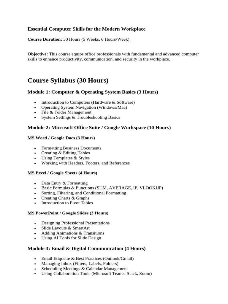Essential Computer Skills Course Overview | PDF | Microsoft Excel ...