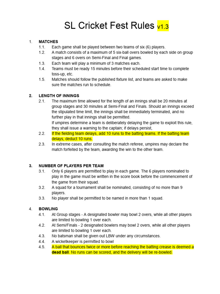 SL Cricket Fest Rules and Regulations | PDF | Bowling (Cricket) | Ball ...