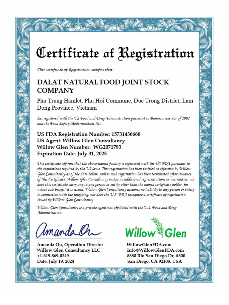 FDA-dalat Natural Food Certificate-2024 - 2025 | PDF