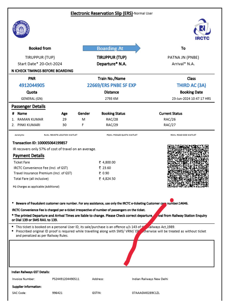 Electronic Reservation Slip for Train Ticket | PDF | Identity Document ...