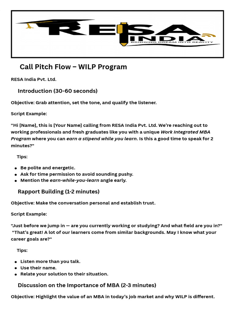 WILP MBA Call Pitch Guide | PDF | Master Of Business Administration ...
