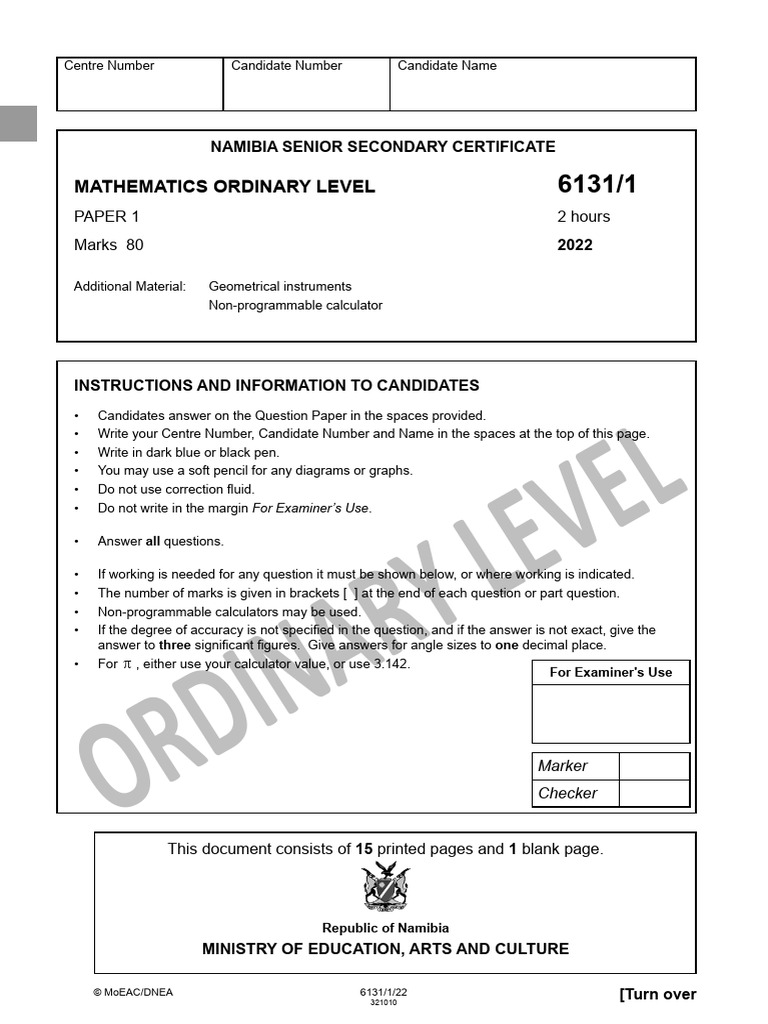 Namibia NSSC Mathematics O Level Paper 1 | PDF | Area | Circle