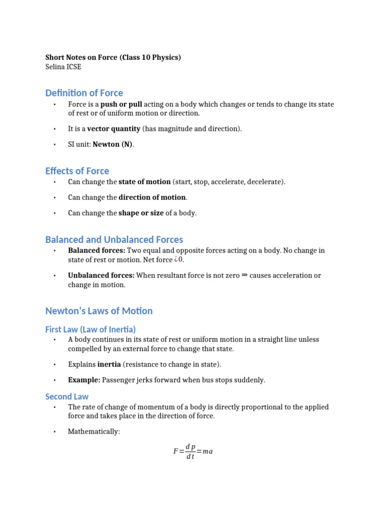 X Ch1 Shortnotes | PDF | Force | Acceleration