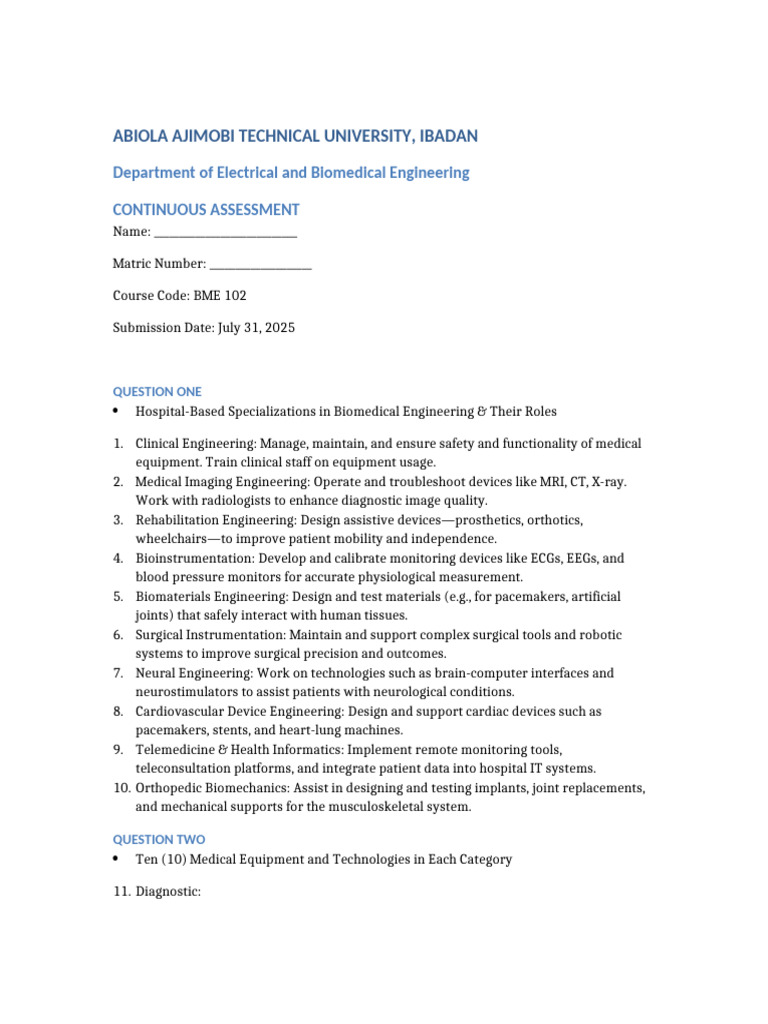 Biomedical Engineering Roles and Devices | PDF | Medical Imaging ...