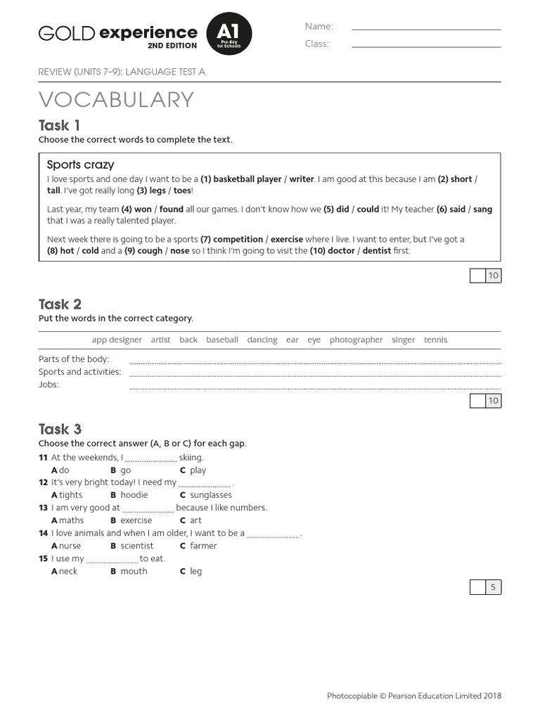 Gold Exp A1 U7to9 Review Lang Test A | PDF | Grammar | Linguistics
