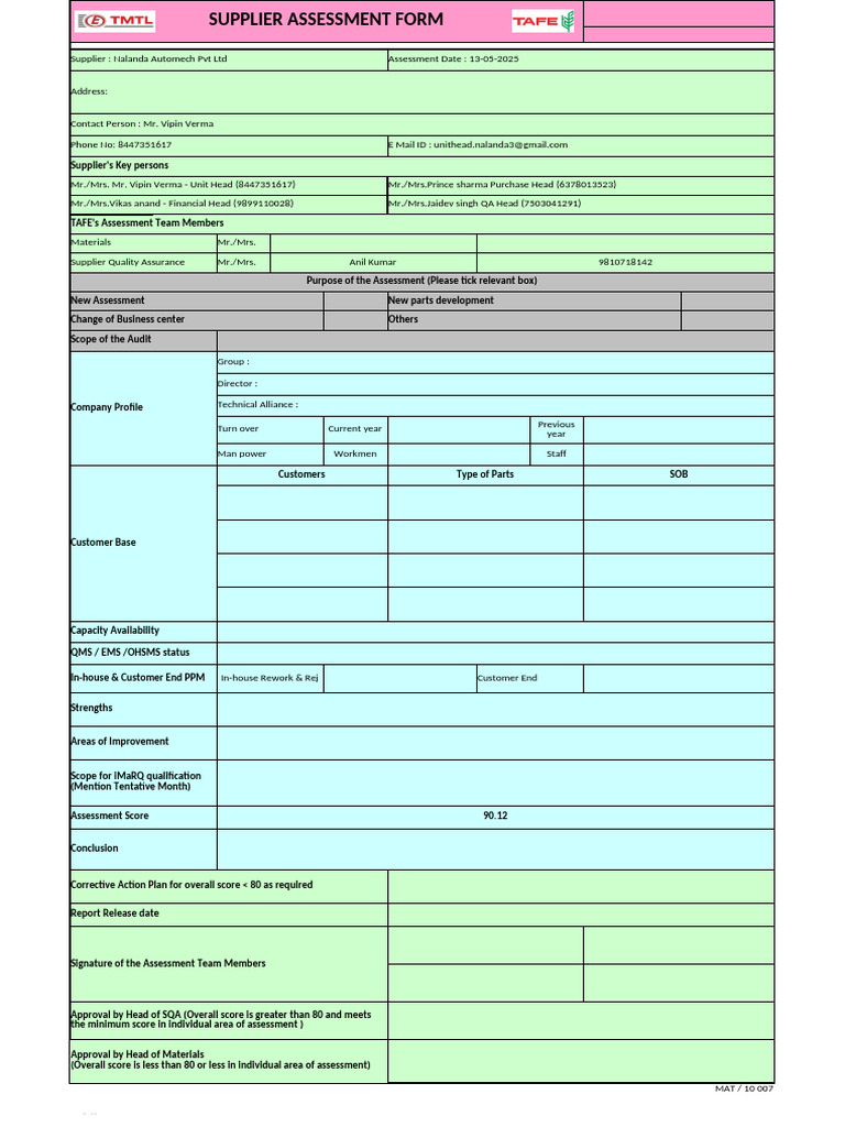 Supplier Assessment Form Overview | PDF | Business | Quality