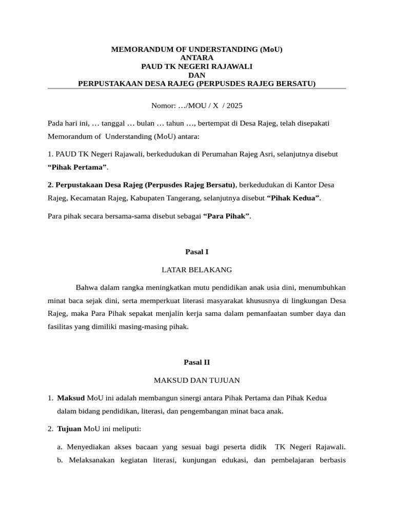 MoU PAUD TK Rajawali dan Perpusdes Rajeg | PDF