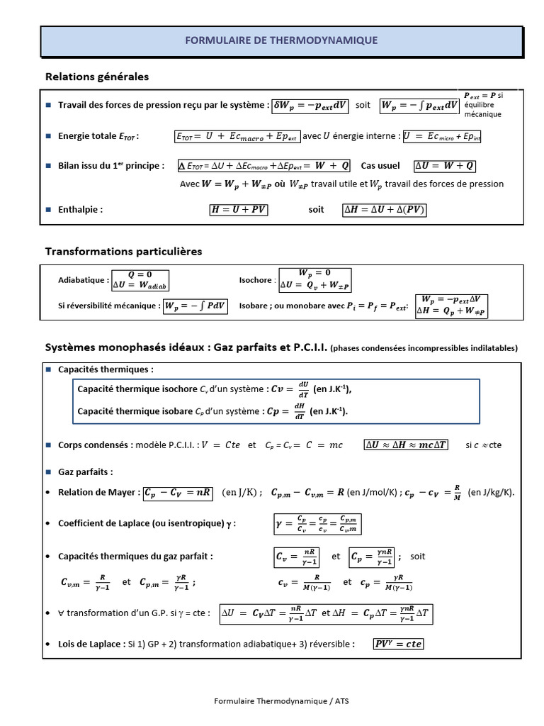 Formulaire de Thermodynamique Complet | PDF | Puissance (physique ...