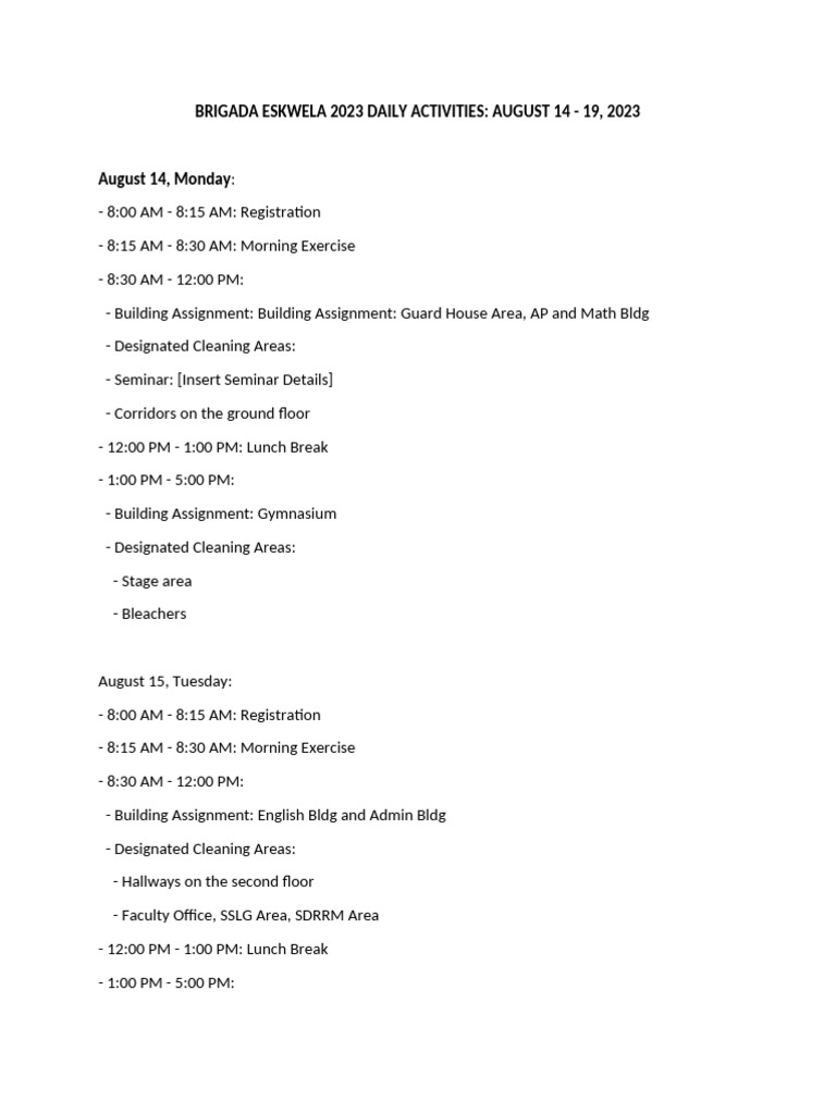 Brigada Eskwela 2023 Daily Activities | PDF