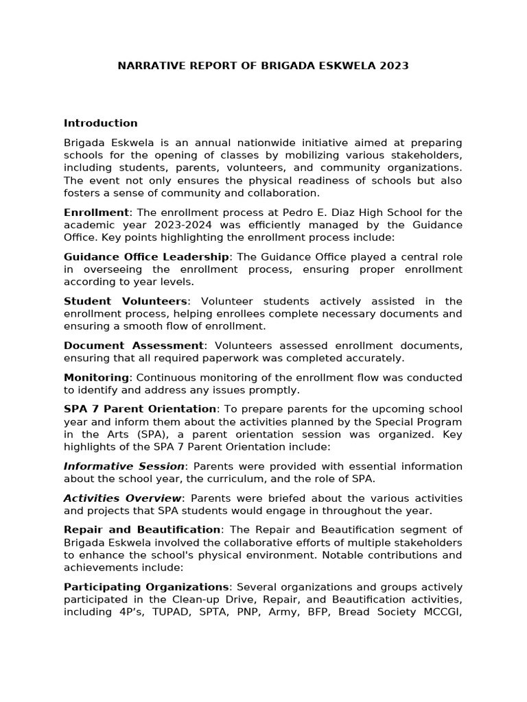 Brigada Eskwela 2023 Narrative Report | PDF | Volunteering