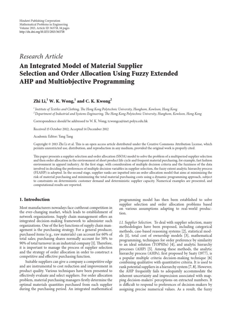 Fuzzy AHP Model for Supplier Selection | PDF | Supply Chain ...