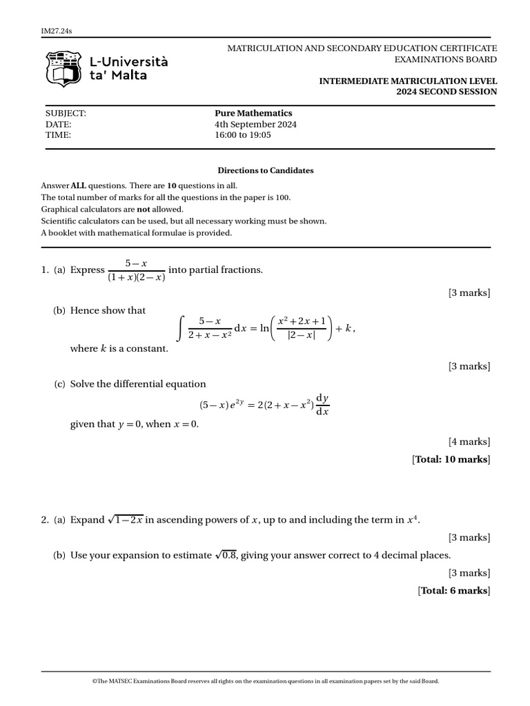 Pure Mathematics Exam Paper 2024 | PDF | Logarithm | Area