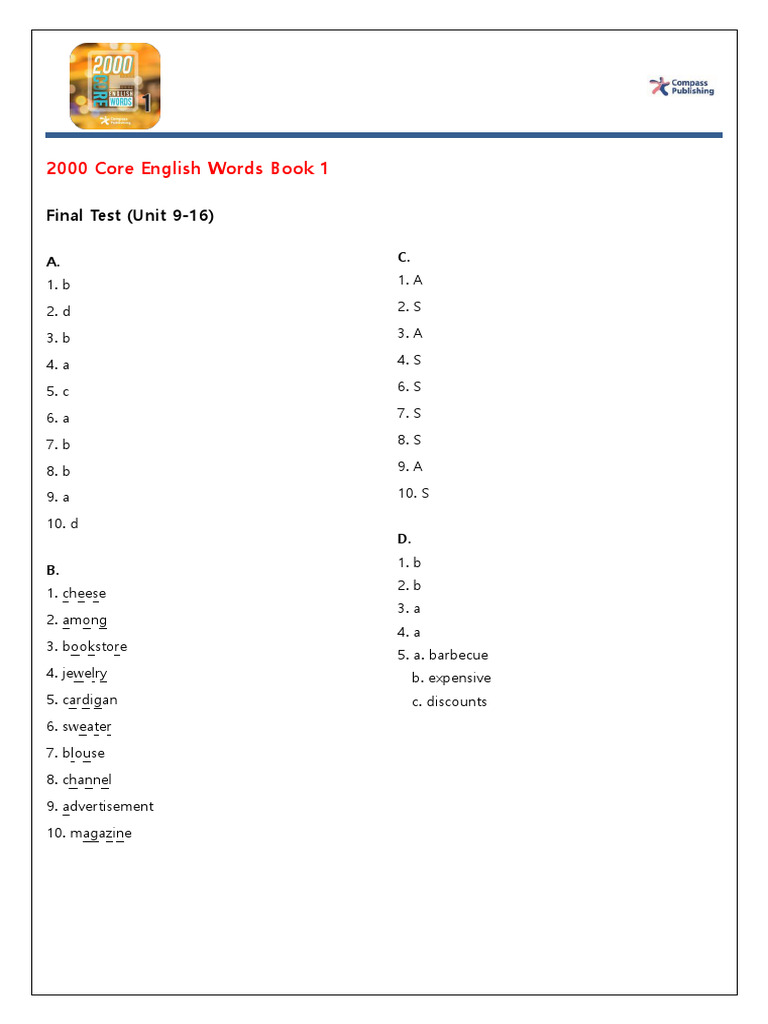 2000 Core English Words 1 Answer Key | PDF