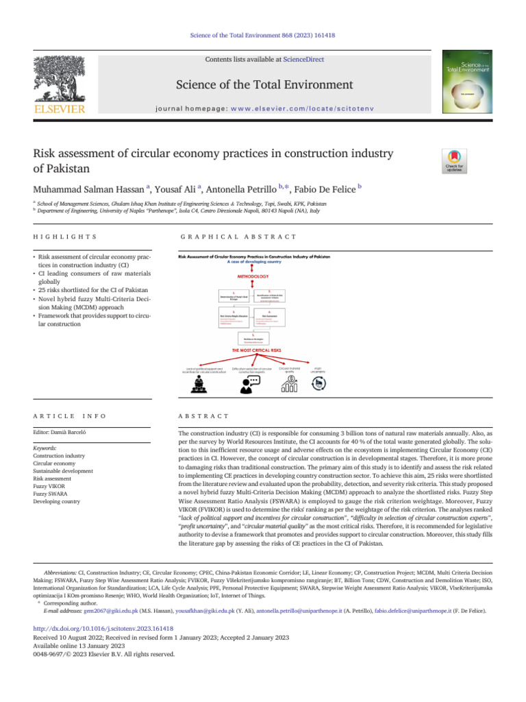 Risk Assessment of Circular Economy in Pakistan Construction | PDF ...