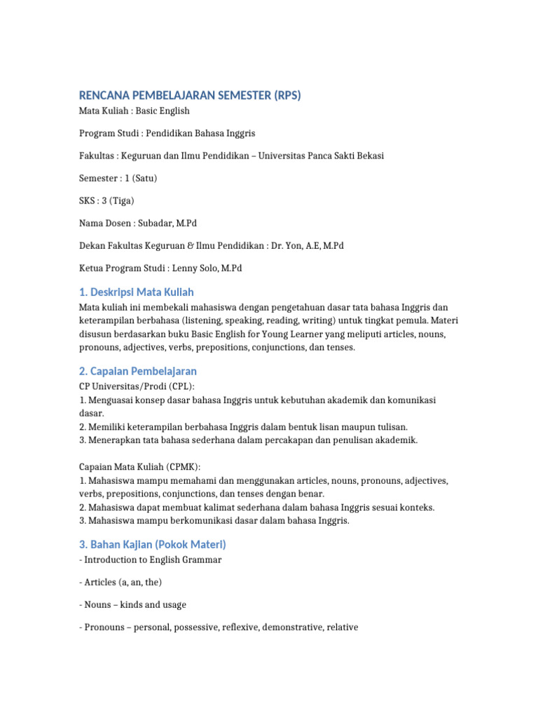 RPS Basic English untuk Mahasiswa | PDF